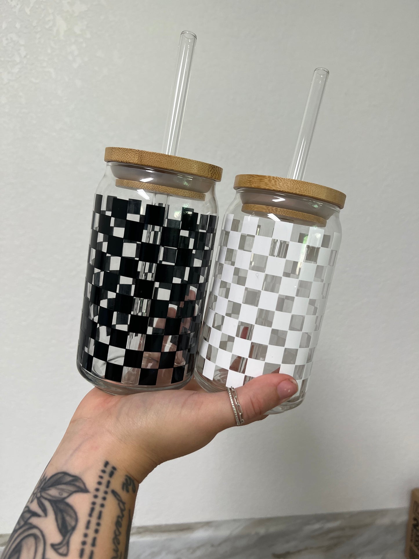 Checkered Can Glass Cup
