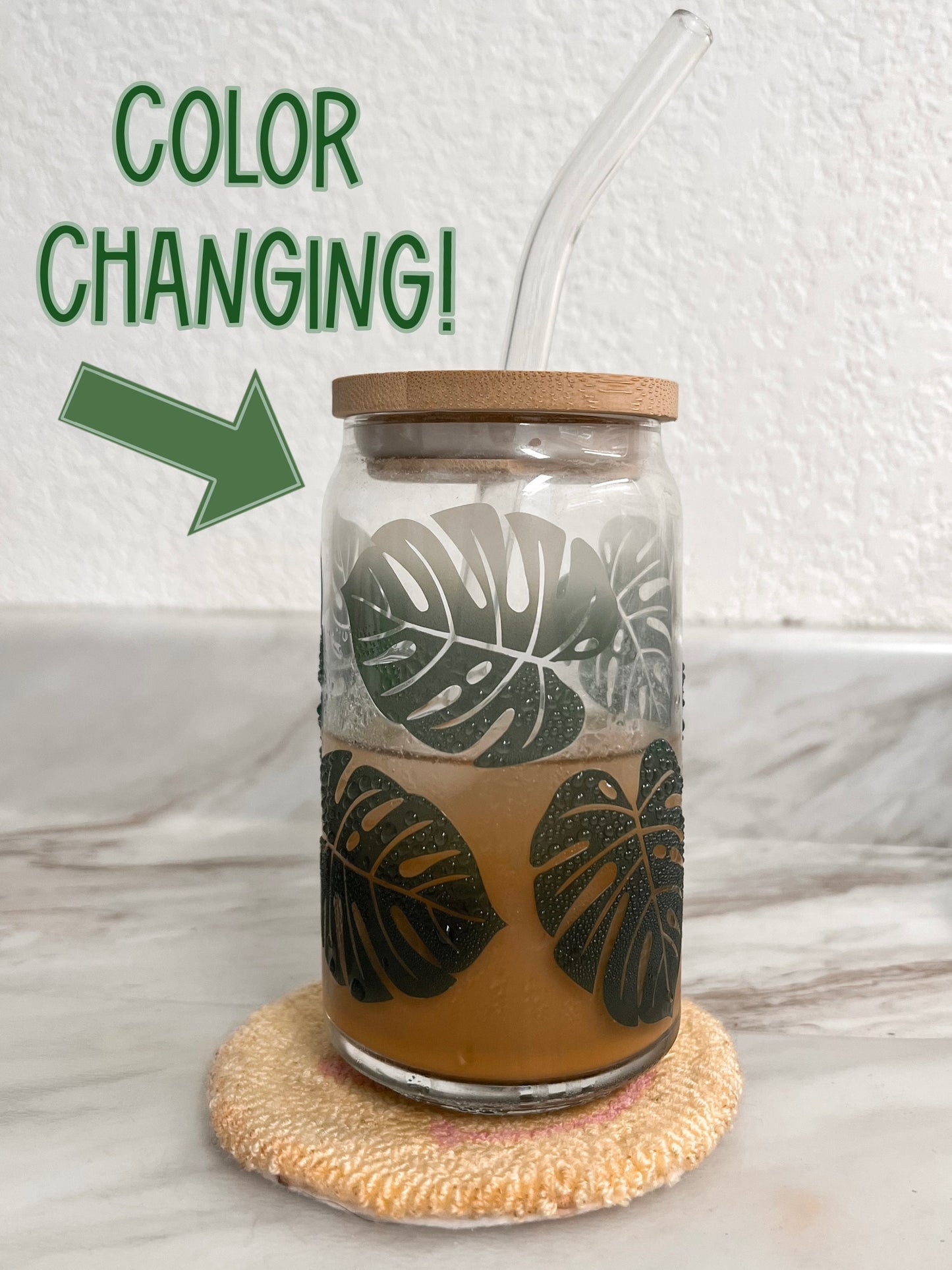 Color Changing Monstera Leaf Can Glass Cup